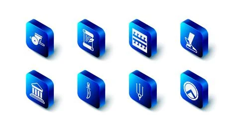 Set Decree, parchment, scroll, Ancient Greek pattern, Hermes sandal, shield Stock Illustration