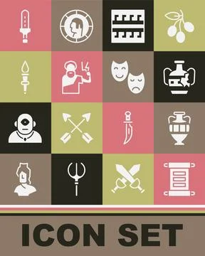 Set Decree, parchment, scroll, Ancient amphorae, Broken, Greek pattern, Zeus Illustrazione stock