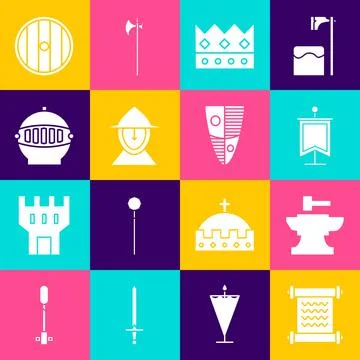 Set Decree, parchment, scroll, Anvil for blacksmithing hammer, Medieval flag Illustrazione stock