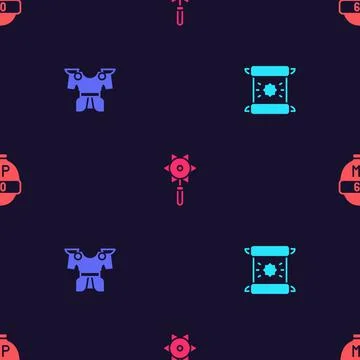 Set Decree, parchment, scroll, Body armor, Medieval chained mace ball and Video Illustrazione stock