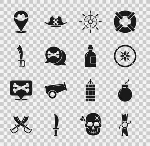 Set Decree, parchment, scroll, Bomb ready to explode, Compass, Ship steering Illustrazione stock