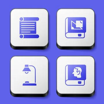 Set Decree, parchment, scroll, Book about geometry, Table lamp and Law book icon Illustrazione stock