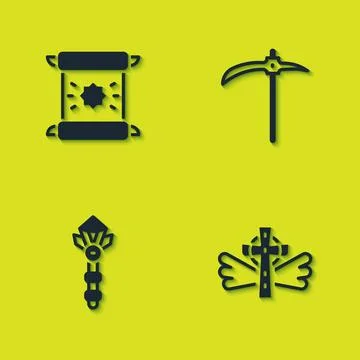 Set Decree, parchment, scroll, Christian cross, Magic wand and Pickaxe icon.. イラスト素材