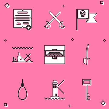 Set Decree, parchment, scroll, Crossed pirate swords, Pirate flag with skull Illustrazione stock