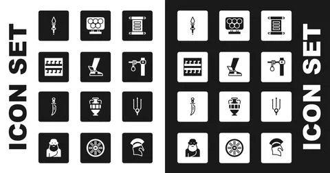 Set Decree, parchment, scroll, Hermes sandal, Ancient Greek pattern, Torch flame Illustrazione stock