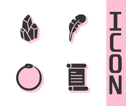 Set Decree, parchment, scroll, Magic stone, Ouroboros and Feather pen icon... Иллюстрация
