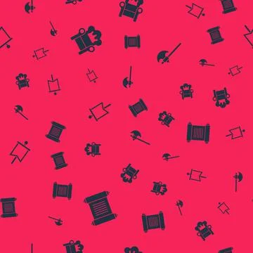 Set Decree, parchment, scroll, Medieval throne, flag and axe on seamless pattern Stock Illustration