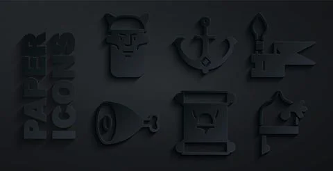 Set Decree, parchment, scroll, Medieval spear, Chicken leg, Viking in horned Illustrazione stock