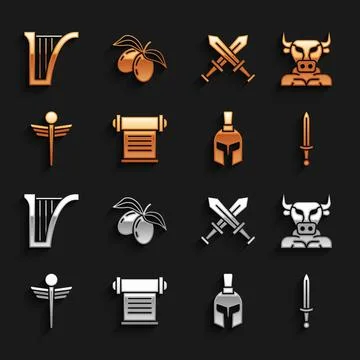 Set Decree, parchment, scroll, Minotaur, Medieval sword, Greek helmet, Caduceus Illustrazione stock
