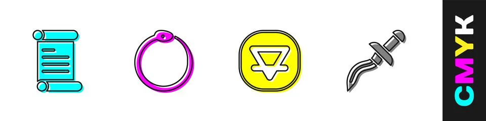 Set Decree, parchment, scroll, Ouroboros, Earth element and Dagger icon. Vector Illustrazione stock