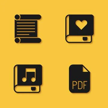 Set Decree, parchment, scroll, PDF file document, Audio book and Romance icon Illustrazione stock