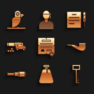 Set Decree, parchment, scroll, Pirate sack, key, Smoking pipe, Spyglass Illustrazione stock