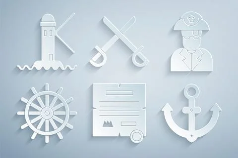 Set Decree, parchment, scroll, Pirate captain, Ship steering wheel, Anchor,.. Illustrazione stock