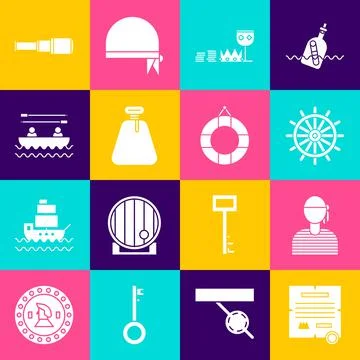 Set Decree, parchment, scroll, Sailor captain, Ship steering wheel, Treasure and Stock Illustration