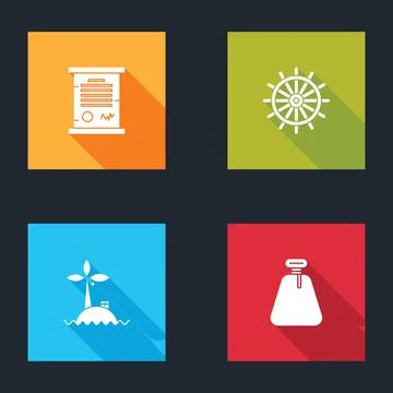Set Decree, parchment, scroll, Ship steering wheel, Tropical island ocean and Stock Illustration