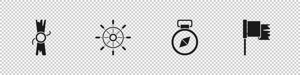 Set Decree, parchment, scroll, Ship steering wheel, Compass and Pirate flag icon Stock Illustration