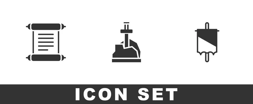Set Decree, parchment, scroll, Sword in the stone and Medieval flag icon. Vector 스톡 일러스트