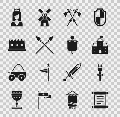 Set Decree, parchment, scroll, Torch flame, Castle, fortress, Crossed medieval Illustrazione stock