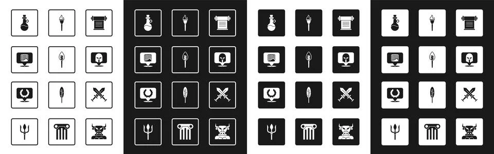 Set Decree, parchment, scroll, Torch flame, Ancient column, Bottle of olive oil Illustrazione stock