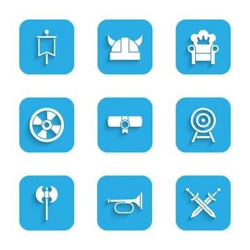 Set Decree, parchment, scroll, Trumpet, Crossed medieval sword, Target with.. Stock Illustration