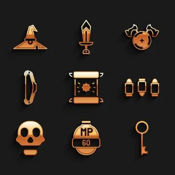 Set Decree, parchment, scroll, Video game bar, Old key, Bullet, Skull, Medieval Stock Illustration