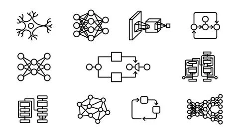 Set of deep learning and neural network connection line icons. 스톡 일러스트