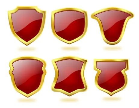 Set of Deep Red Shield Icons with Golden Frame Stock Illustration
