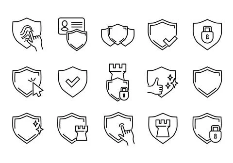 Set of defence flat icons. Shield pictograms for web. Line stroke. Isolated o Stock Illustration