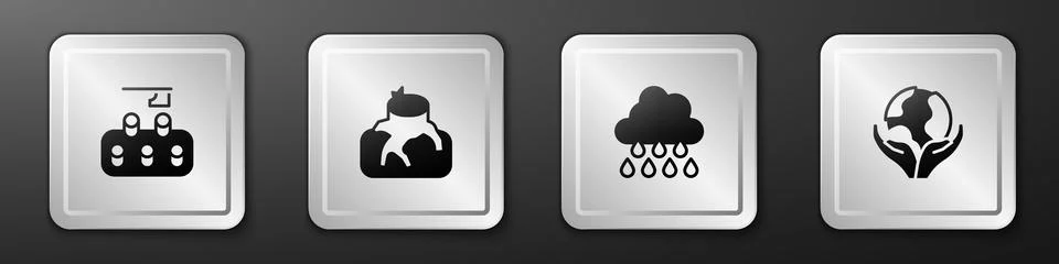 Set Deforestation, , Cloud with rain and Hand holding Earth globe icon. Silver Stock Illustration