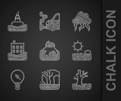 Set Deforestation, Glacier melting, Withered tree, Drought, Light bulb with leaf Illustrazione stock
