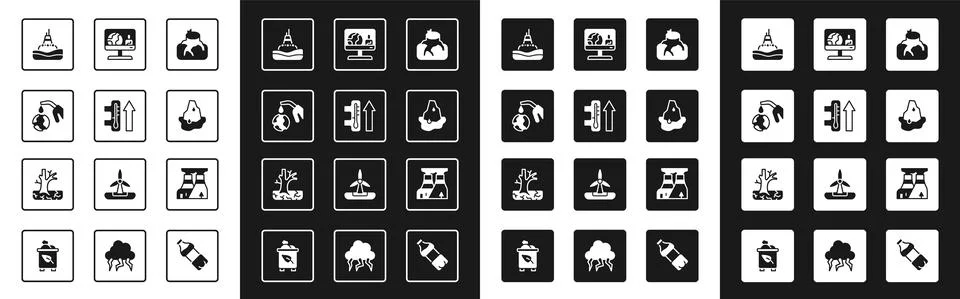 Set Deforestation, Global warming, Gas pump nozzle and globe, Floating buoy the Stock Illustration