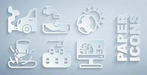 Set Deforestation, Global warming, Tornado, Weather forecast, Water problem and Illustrazione stock