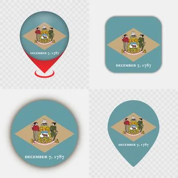 Set of Delaware State Flag Icons and Map Pins. Stock-Illustration