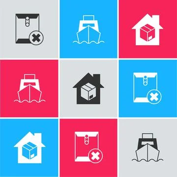 Set Delete envelope, Cargo ship with boxes delivery and Home services icon Stock Illustration