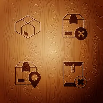 Set Delete envelope, Carton cardboard box, Location with and on wooden Illustrazione stock