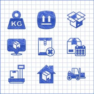 Set Delete envelope, Home delivery services, Forklift truck, Cardboard box with Stock Illustration