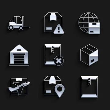 Set Delete envelope, Location with cardboard box, Envelope, Carton, Plane and Stock Illustration