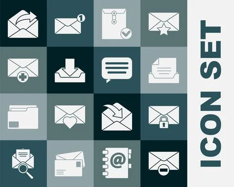 Set Delete envelope, Mail message lock password, Drawer with document, Envelope Illustrazione stock