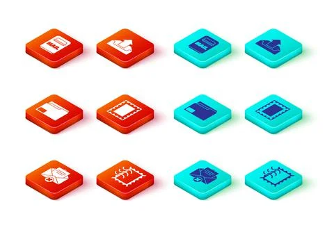 Set Delete envelope, Postal stamp, Document folder, Upload inbox and Mail icon Illustrazione stock