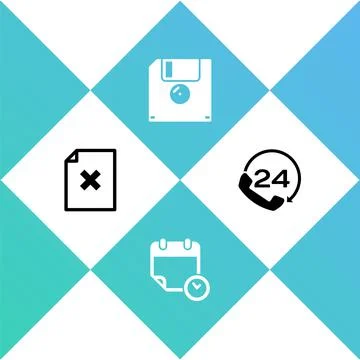 Set Delete file document, Calendar and clock, Floppy disk and Telephone 24 hours Stock Illustration