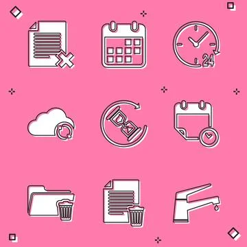 Set Delete file document, Calendar, Clock 24 hours, Cloud sync refresh, Waiting Ilustración de archivo