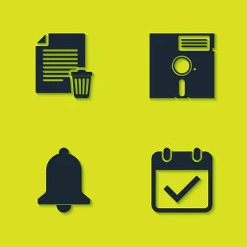 Set Delete file document, Calendar with check mark, Ringing bell and Floppy d Stock Illustration