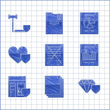 Set Delete file document, Clean paper, Diamond with shield, Document graph chart Stock Illustration