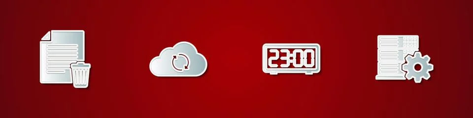 Set Delete file document, Cloud sync refresh, Digital alarm clock and Server Ilustración de archivo