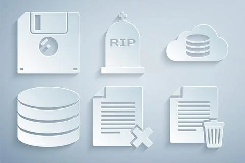 Set Delete file document, Cloud database, Database, , Tombstone with RIP written Stock Illustration