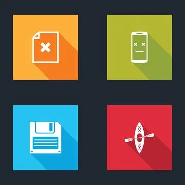 Set Delete file document, Dead mobile, Floppy disk and Kayak and paddle icon. Stock Illustration