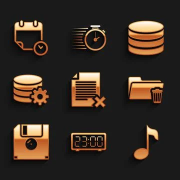 Set Delete file document, Digital alarm clock, Music note, tone, folder, Floppy Illustrazione stock