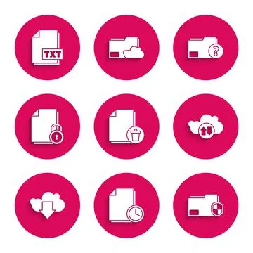 Set Delete file document, Document with clock, folder protection, Cloud download Illustrazione stock
