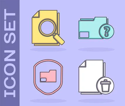 Set Delete file document, Document with search, Document folder protection .. Stock Illustration