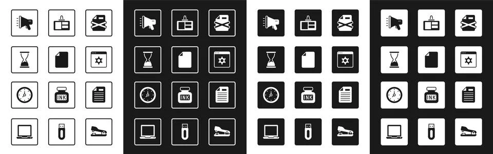 Set Delete file document, File, Old hourglass, Megaphone, Browser setting Stock Illustration